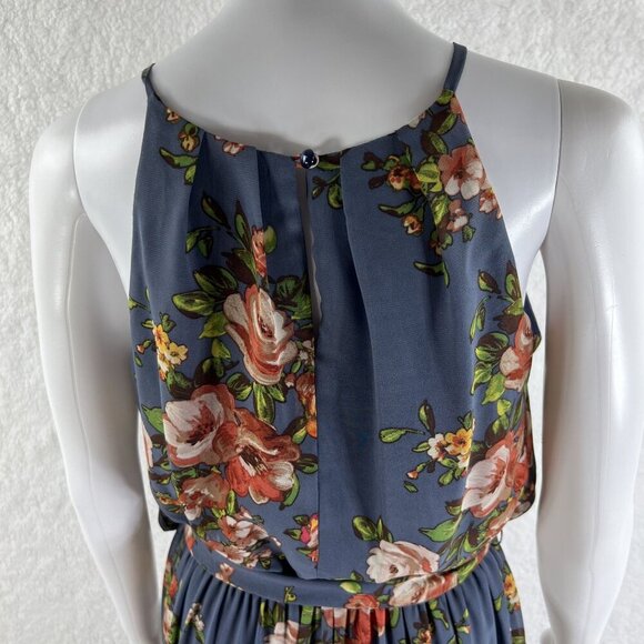 BCX NWT Womens M  Floral Blue Halter Maxi Slit Pleated Dress Belt Sheer Overlay - Picture 5 of 16